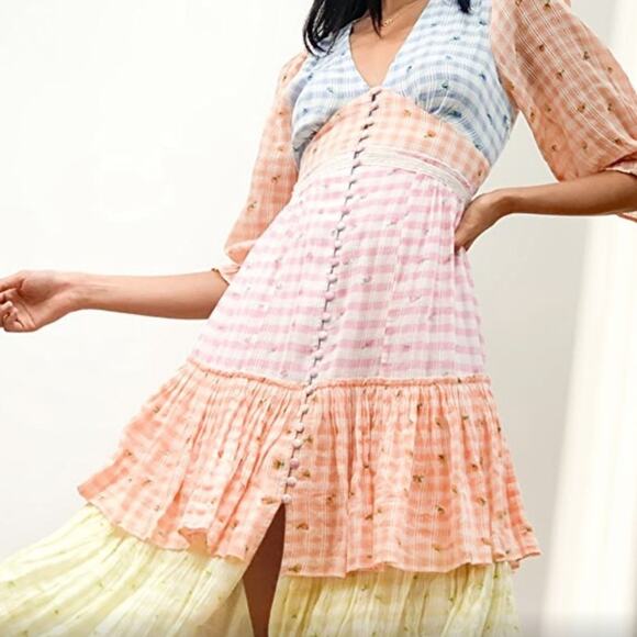 Love Shack Fancy Romantic Cottage Core Plaid Midi Puff Sleeve Ruffle Dress 8 - Picture 8 of 13